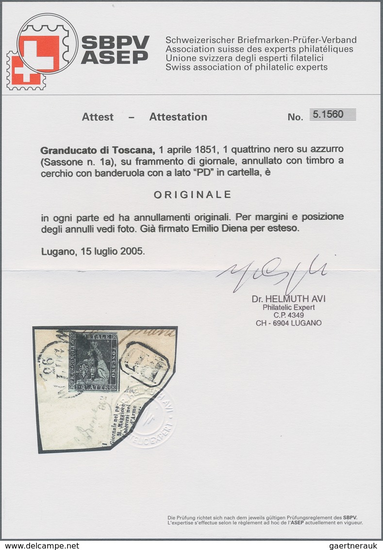 Italien - Altitalienische Staaten: Toscana: 1851. 1 Quattrino Black On Bluish Paper, Tied By Cds "LI - Tuscany