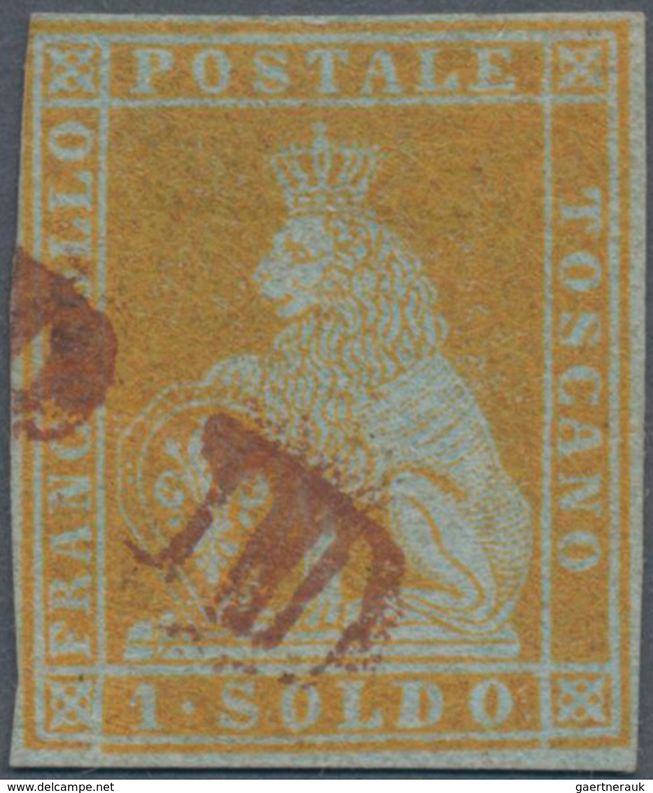 Italien - Altitalienische Staaten: Toscana: 1851, 2 So Golden Yellow On Blue Paper Cancelled With Re - Tuscany