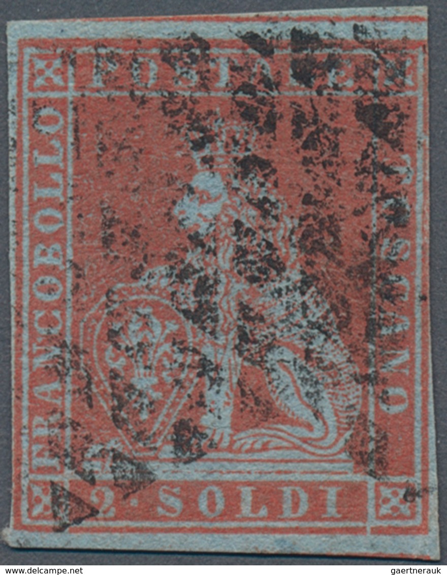 Italien - Altitalienische Staaten: Toscana: 1851, 2so. Scarlet On Bluish Paper, Fresh Colour, Slight - Tuscany