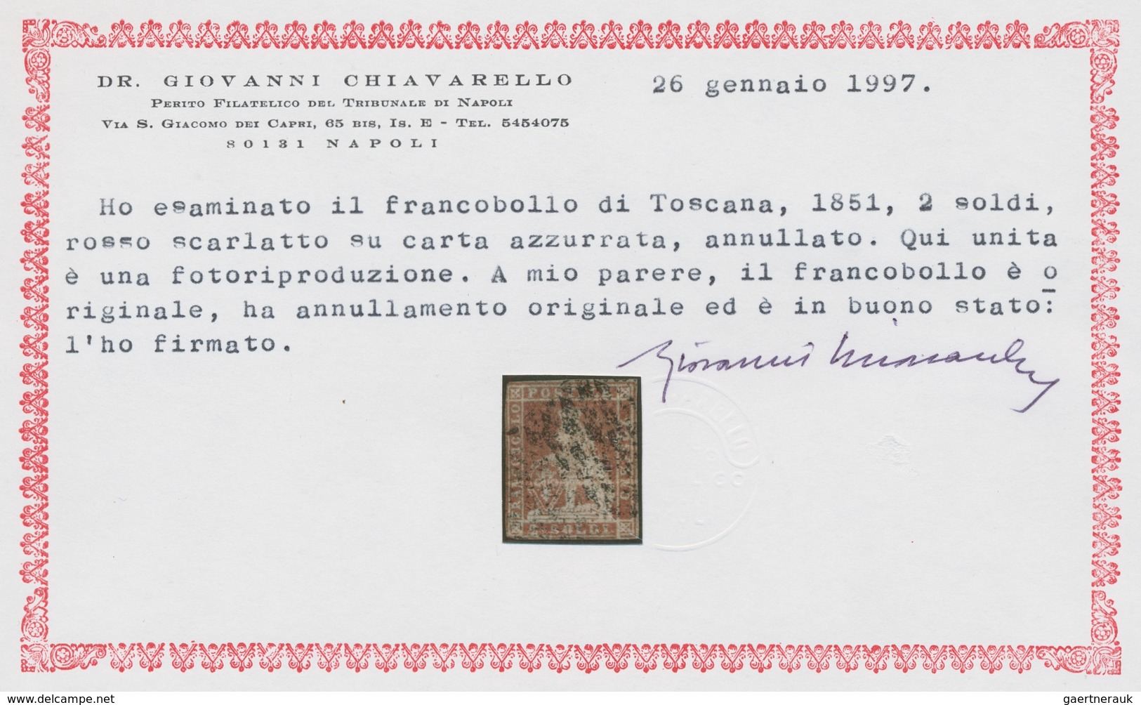 Italien - Altitalienische Staaten: Toscana: 1851, "2 So. Scarlett Red On Blue", Colour-typical Value - Toskana