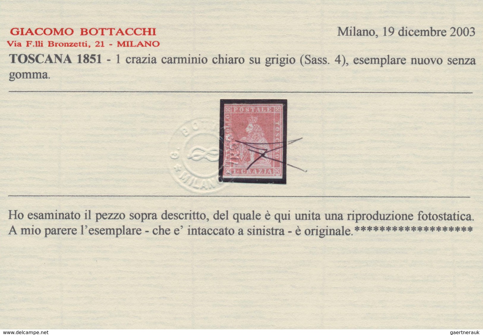 Italien - Altitalienische Staaten: Toscana: 1851, 1 Cr Carmine Red Unused With A Rest Of Gum, Three - Tuscany