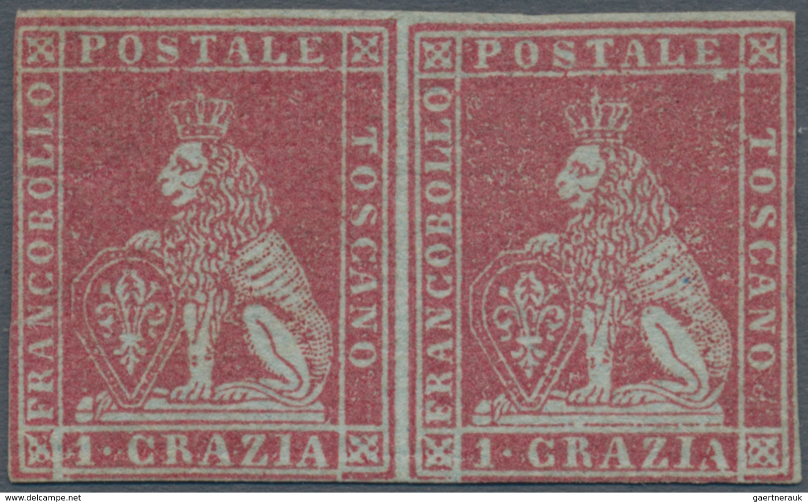 Italien - Altitalienische Staaten: Toscana: 1851, 1cr. Carmine On Greyish Paper, Horiz. Pair (faint - Tuscany