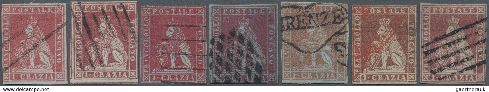 Italien - Altitalienische Staaten: Toscana: 1851, Seven Stamps 1 Cr. Carmine On Blueish Paper To Car - Tuscany