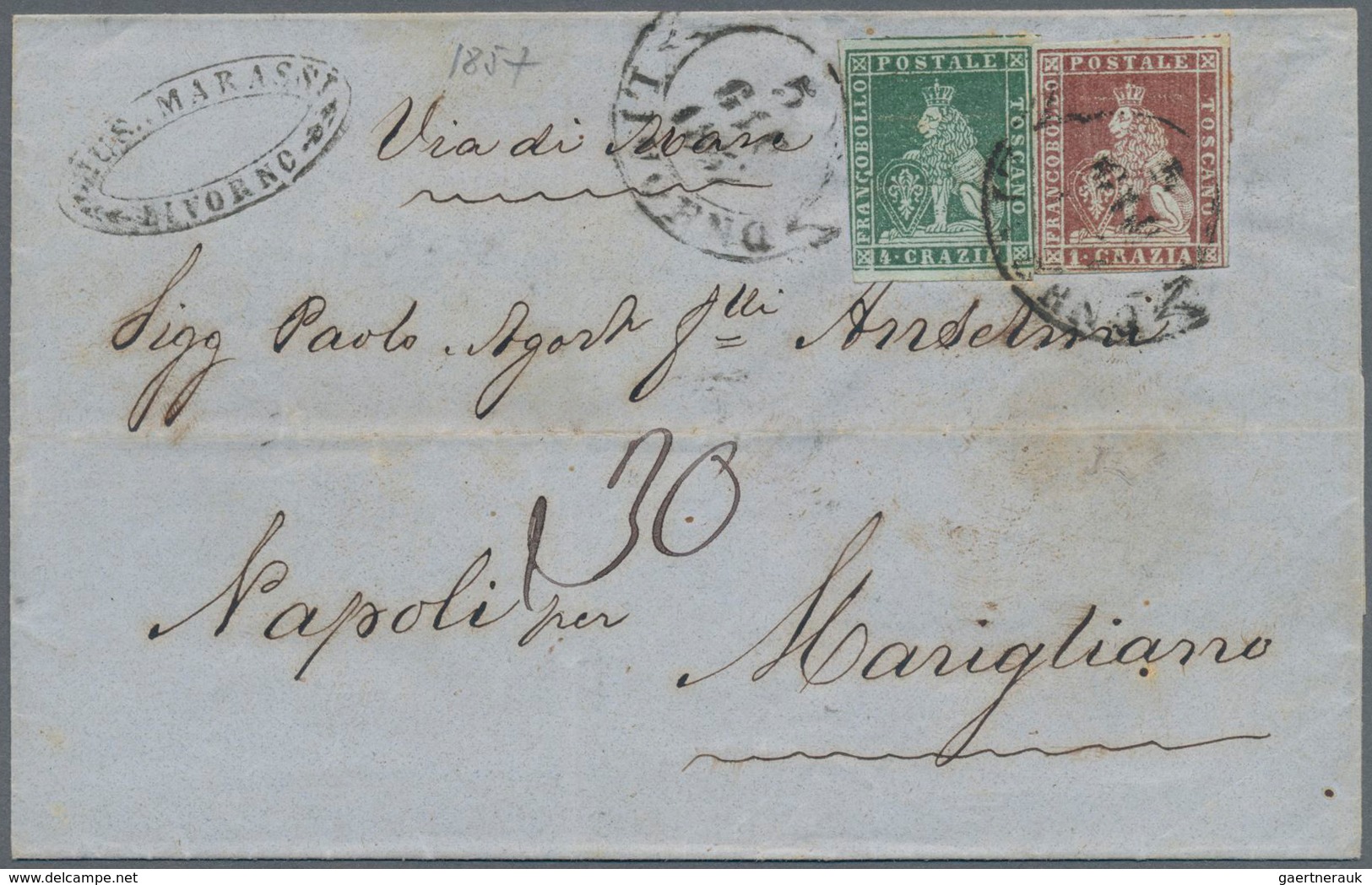 Italien - Altitalienische Staaten: Toscana: 1851, 1 Cr Brown-carmine And 4 Cr Green Mixed Franking O - Tuscany