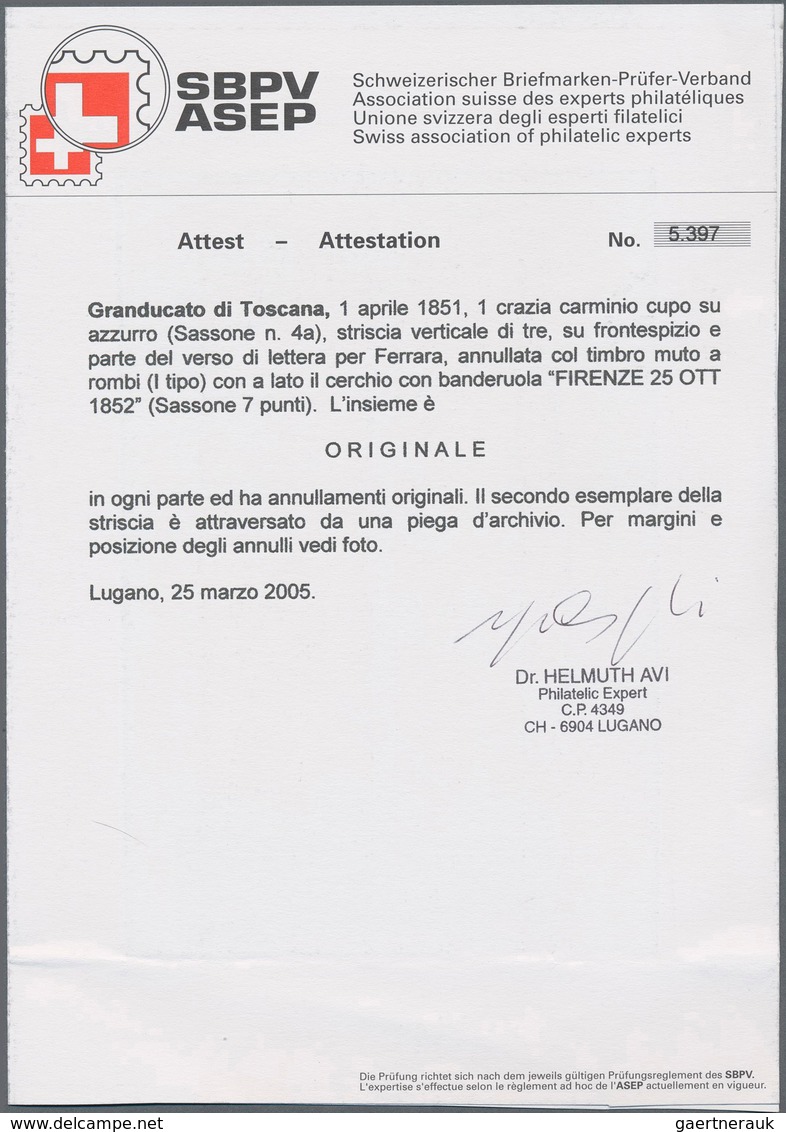 Italien - Altitalienische Staaten: Toscana: 1851, 1 Cr Deep Carmine On Blue, Vertical Strip Of 3 (st - Tuscany