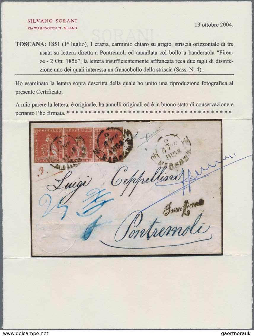 Italien - Altitalienische Staaten: Toscana: 1853, Lion 1 Cr. Carmine, Grey Paper VERTICAL STRIPE OF - Tuscany