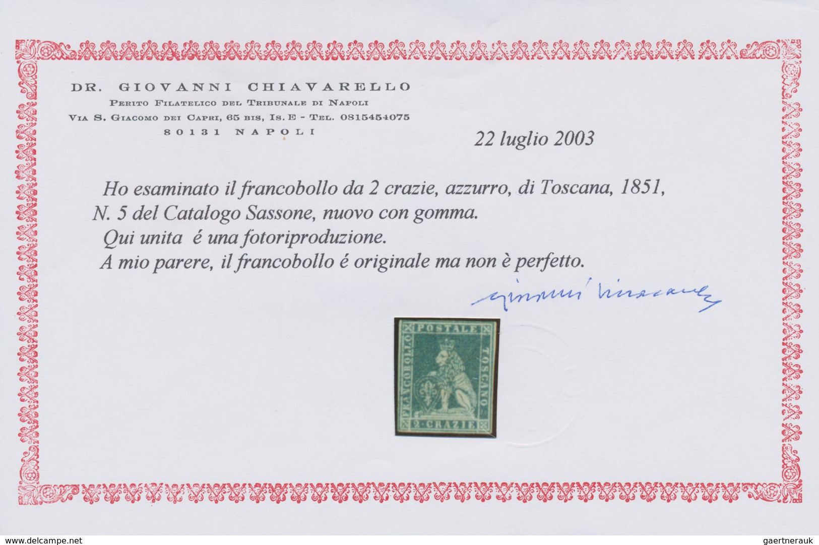 Italien - Altitalienische Staaten: Toscana: 1851, 2 Cr Blue Unused With A Rest Of Original Gum, All - Tuscany