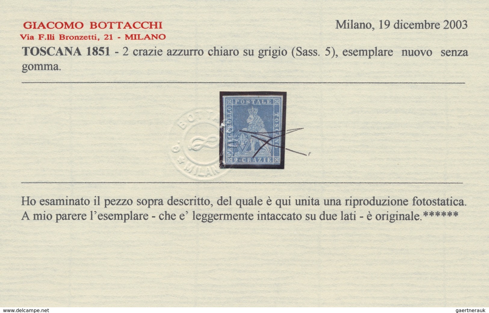 Italien - Altitalienische Staaten: Toscana: 1853, "4 Cr. Blue On Gray", In Fresh Color With Remains - Toskana