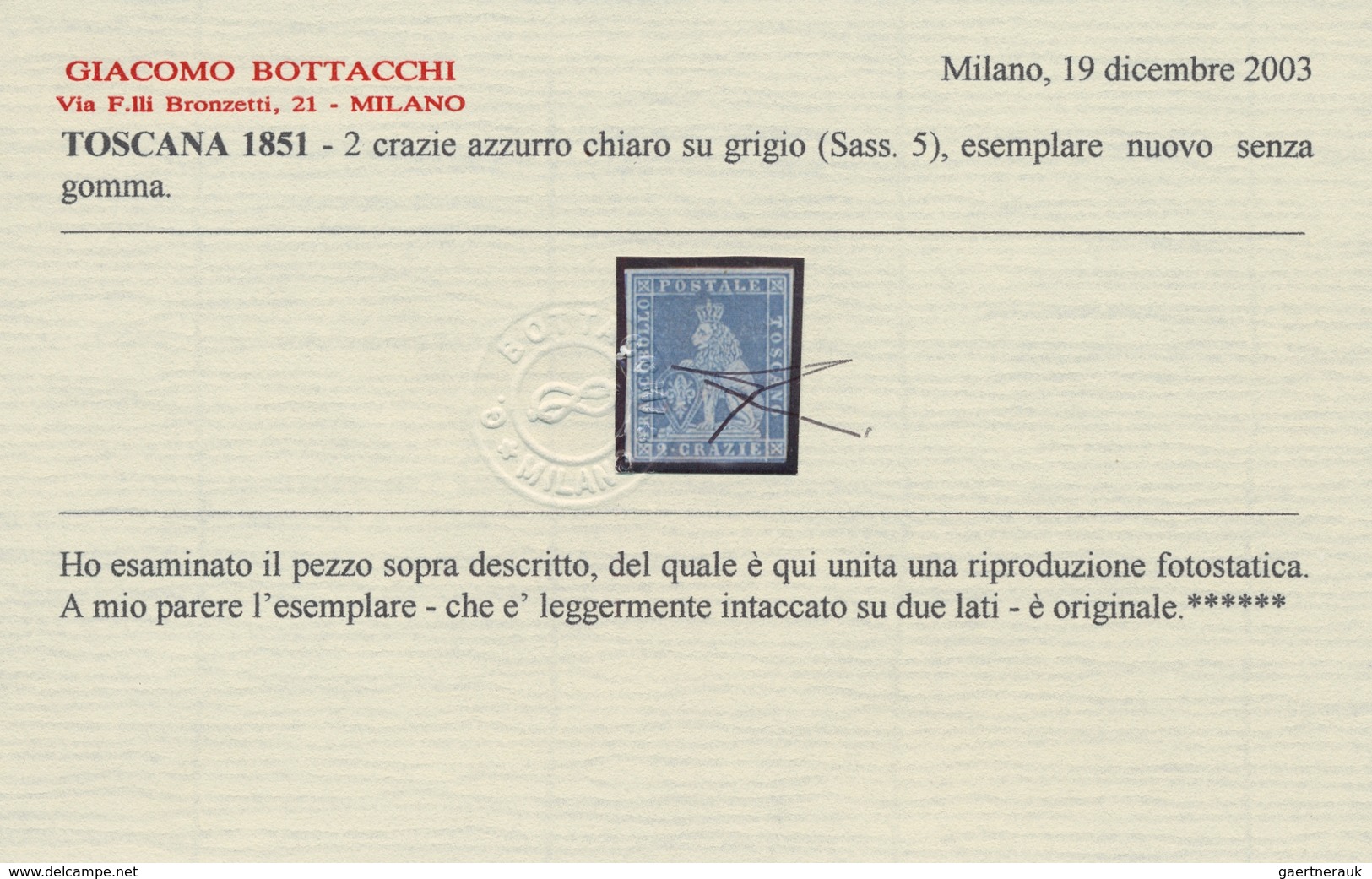 Italien - Altitalienische Staaten: Toscana: 1853, "4 Cr. Blue On Gray", In Fresh Color With Remains - Tuscany