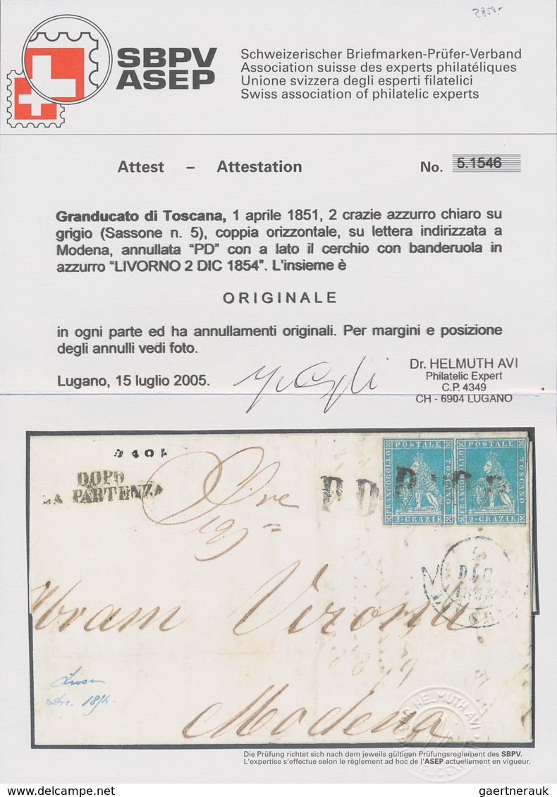 Italien - Altitalienische Staaten: Toscana: 1851. 2 Crazie Blue, Horizontal Pair, Canceld By Black P - Tuscany