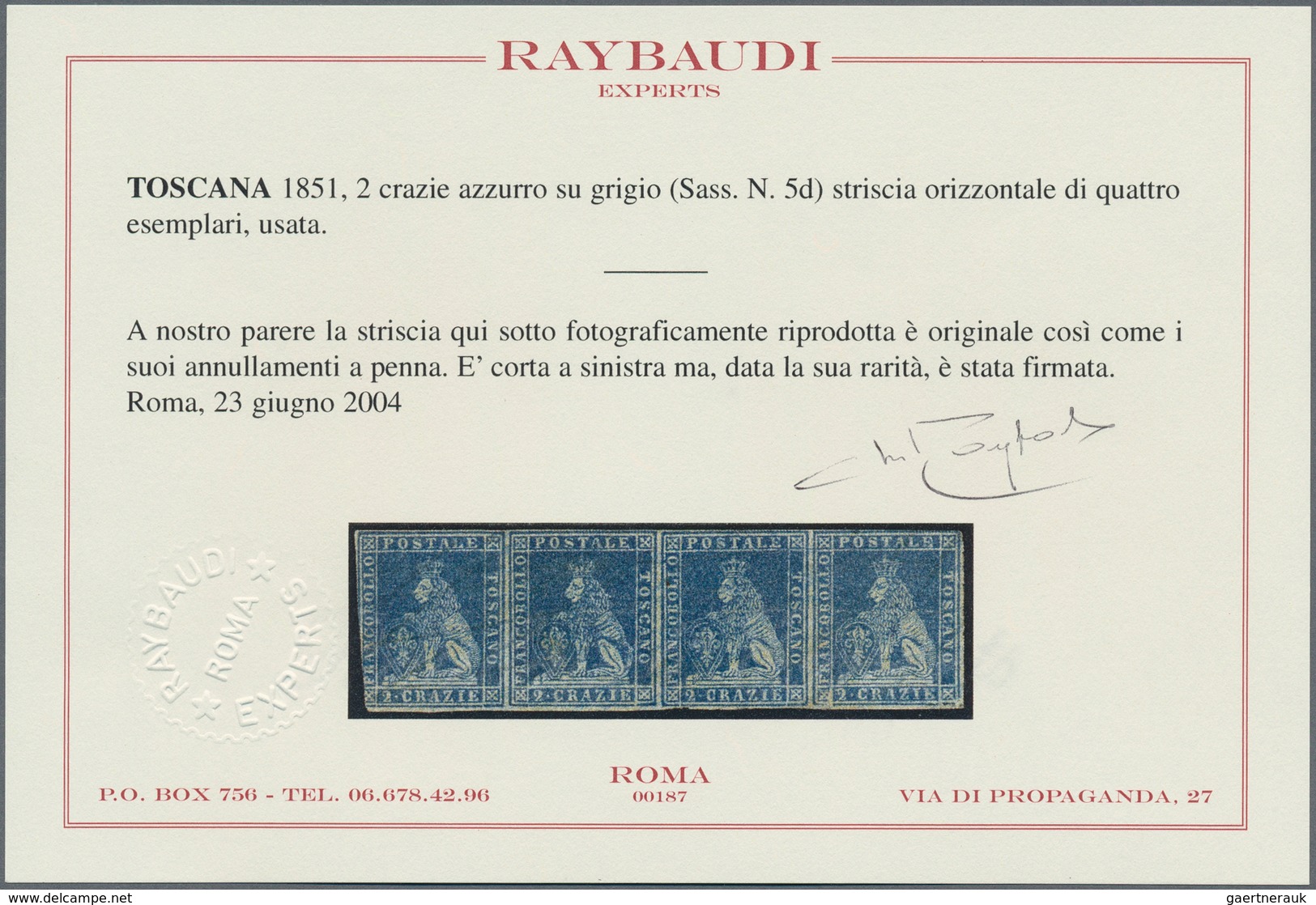 Italien - Altitalienische Staaten: Toscana: 1851, 2cr. Blue On Grey Paper, Horizontal Strip Of Four, - Tuscany