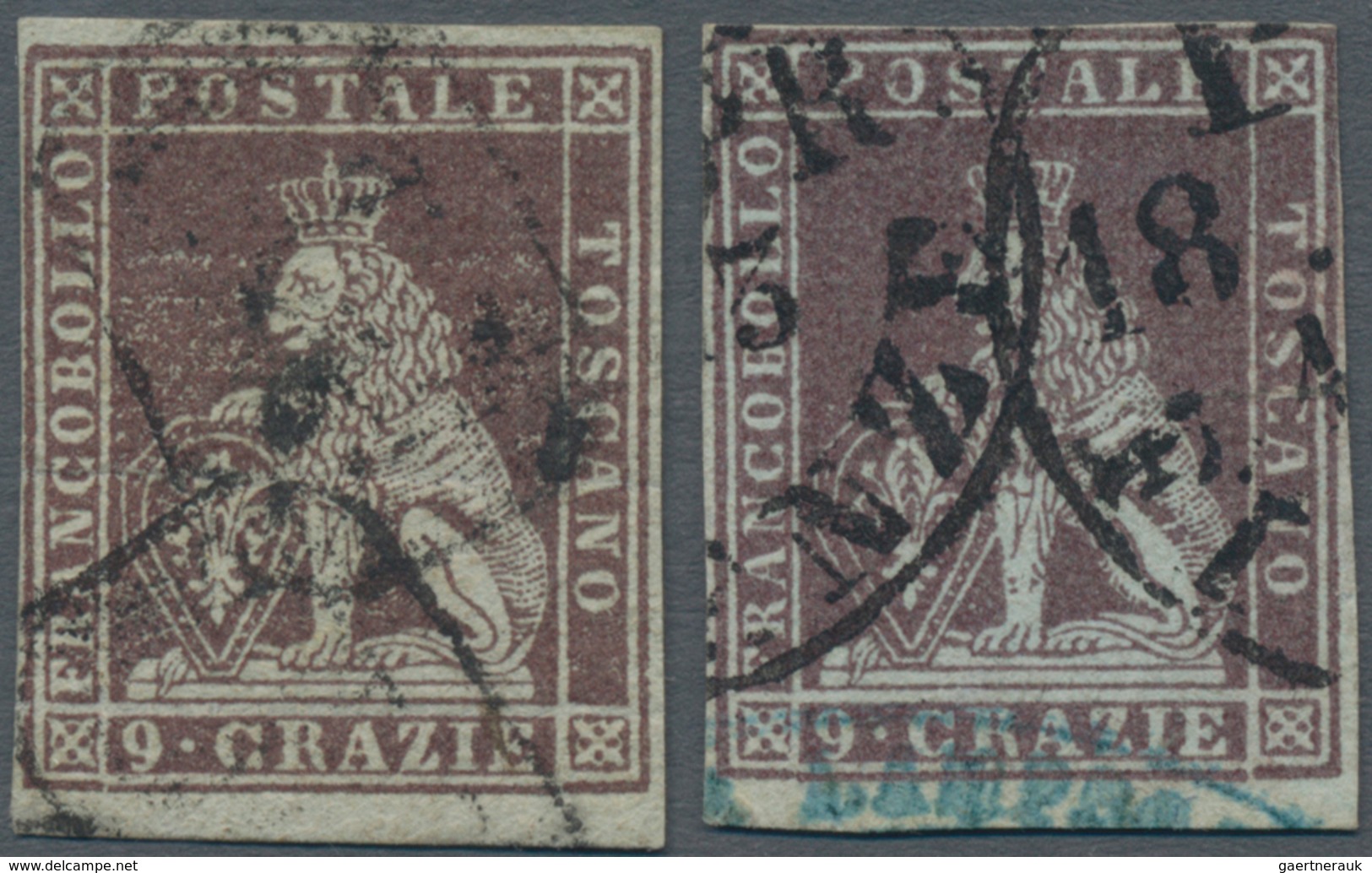 Italien - Altitalienische Staaten: Toscana: 1851, Two Stamps 9 Cr. Violet Brown On Blueish Paper (si - Tuscany