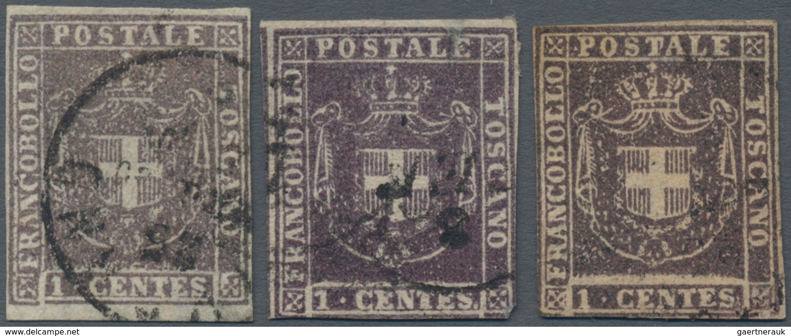 Italien - Altitalienische Staaten: Toscana: 1860, Three Stamps 1 C. Violet To Violet Brown (first St - Tuscany