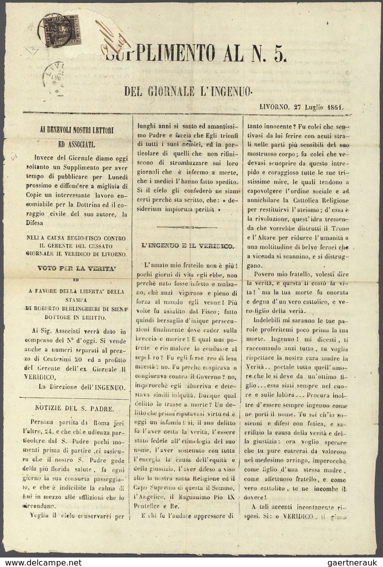Italien - Altitalienische Staaten: Toscana: 1860, 1 C Dark Violet Single Franking On Newspaper "Supp - Tuscany
