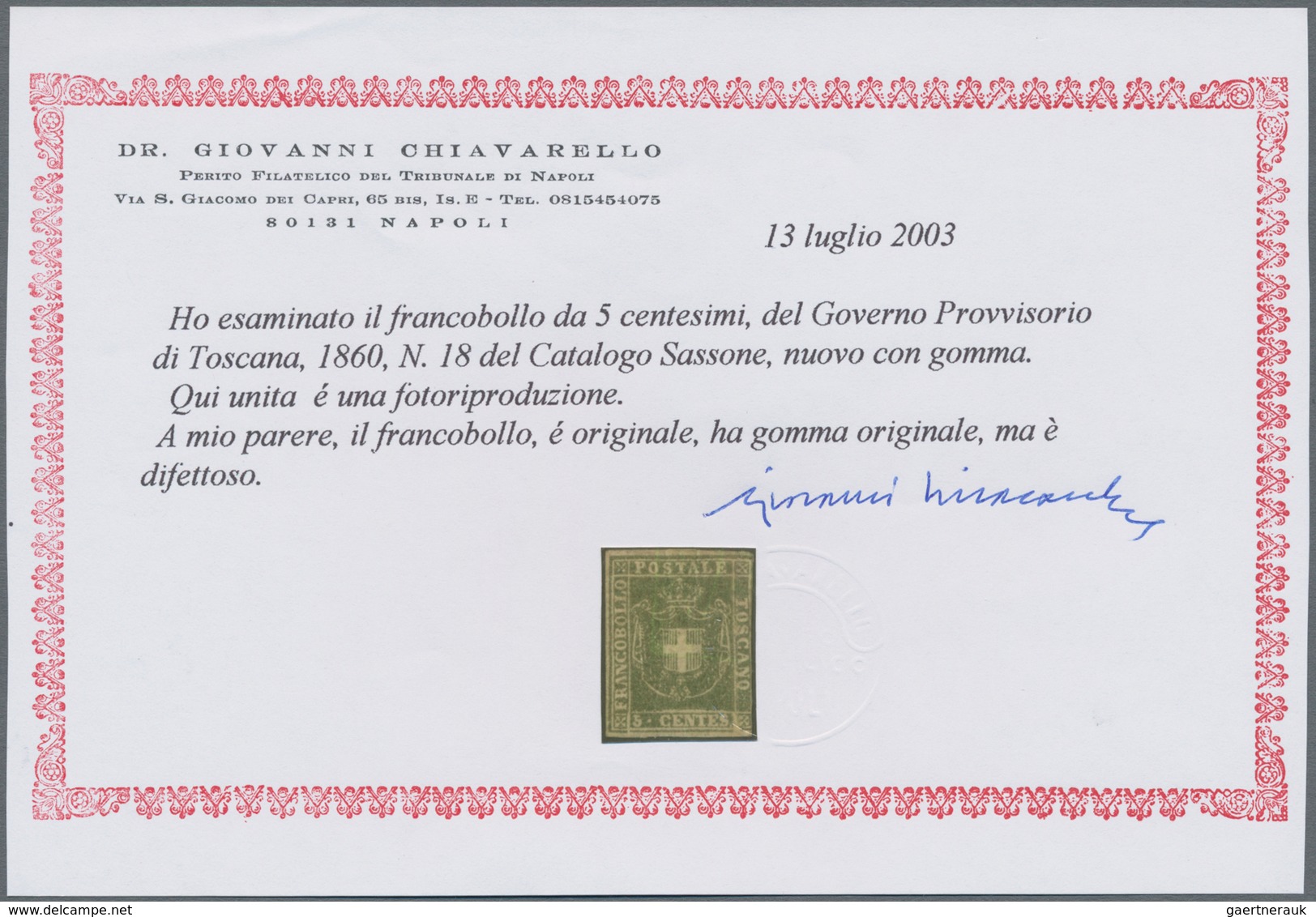 Italien - Altitalienische Staaten: Toscana: 1860, 5 Cent. Green Mint With Original Gum, Three Sides - Tuscany