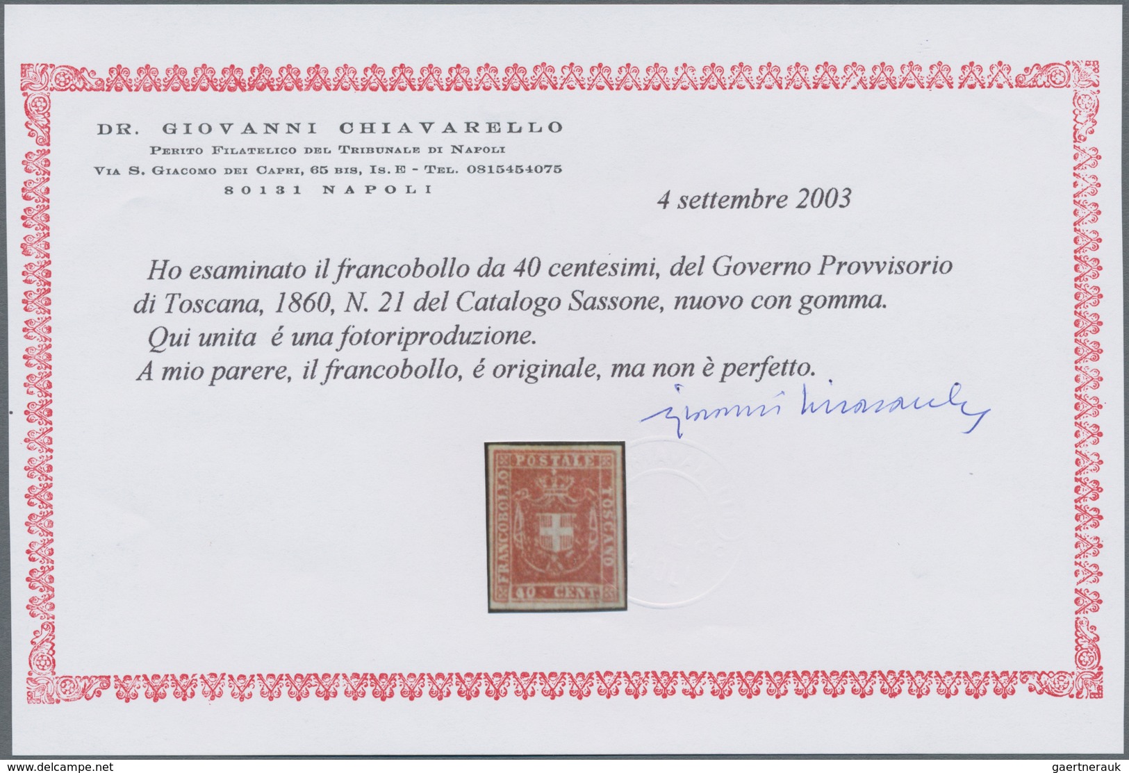 Italien - Altitalienische Staaten: Toscana: 1860, 40 Cent. Carmine Unused With Original Gum, Fresh C - Tuscany