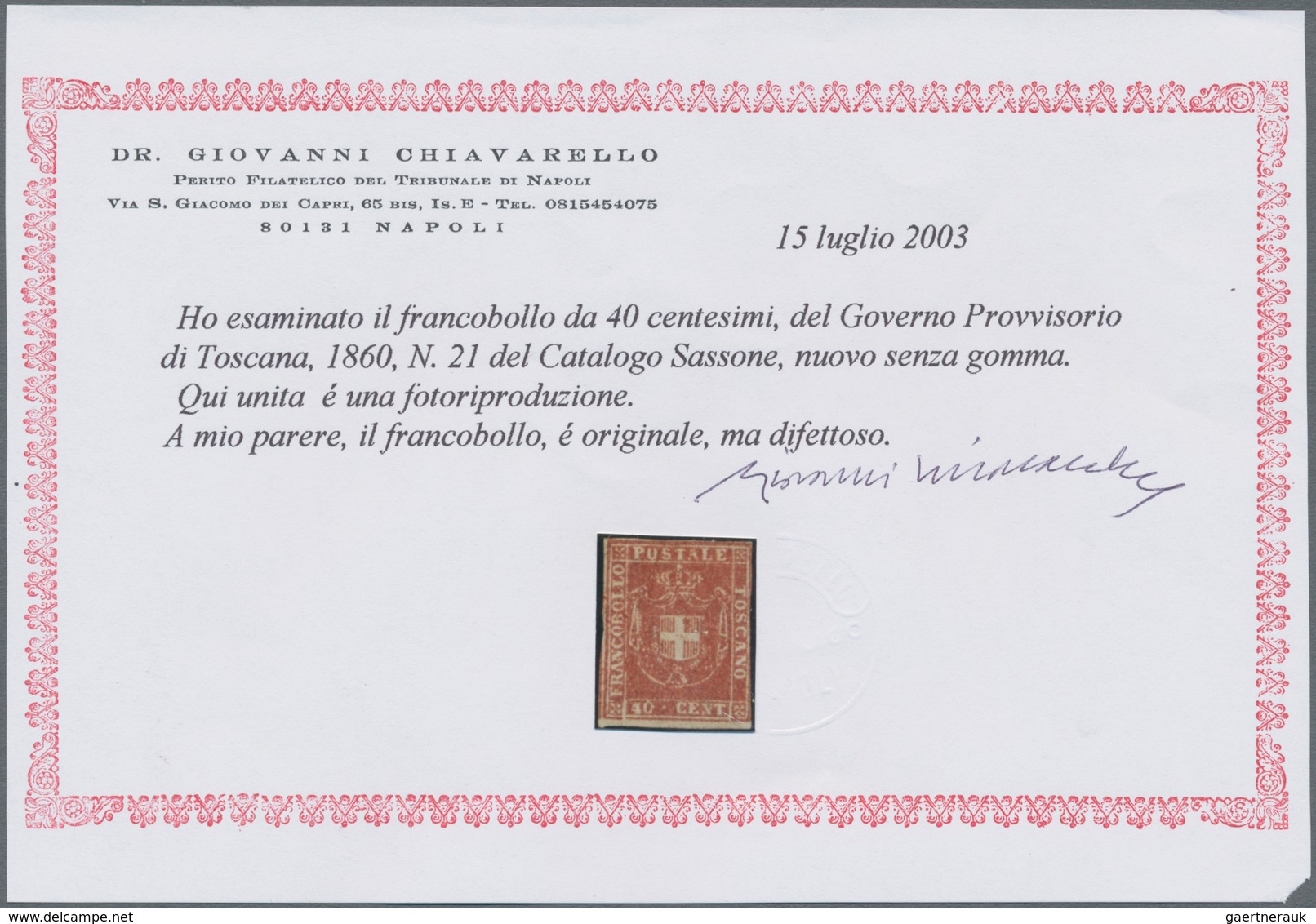 Italien - Altitalienische Staaten: Toscana: 1860, 40 Cent. Carmine Unused Without Gum, Three Sides F - Tuscany