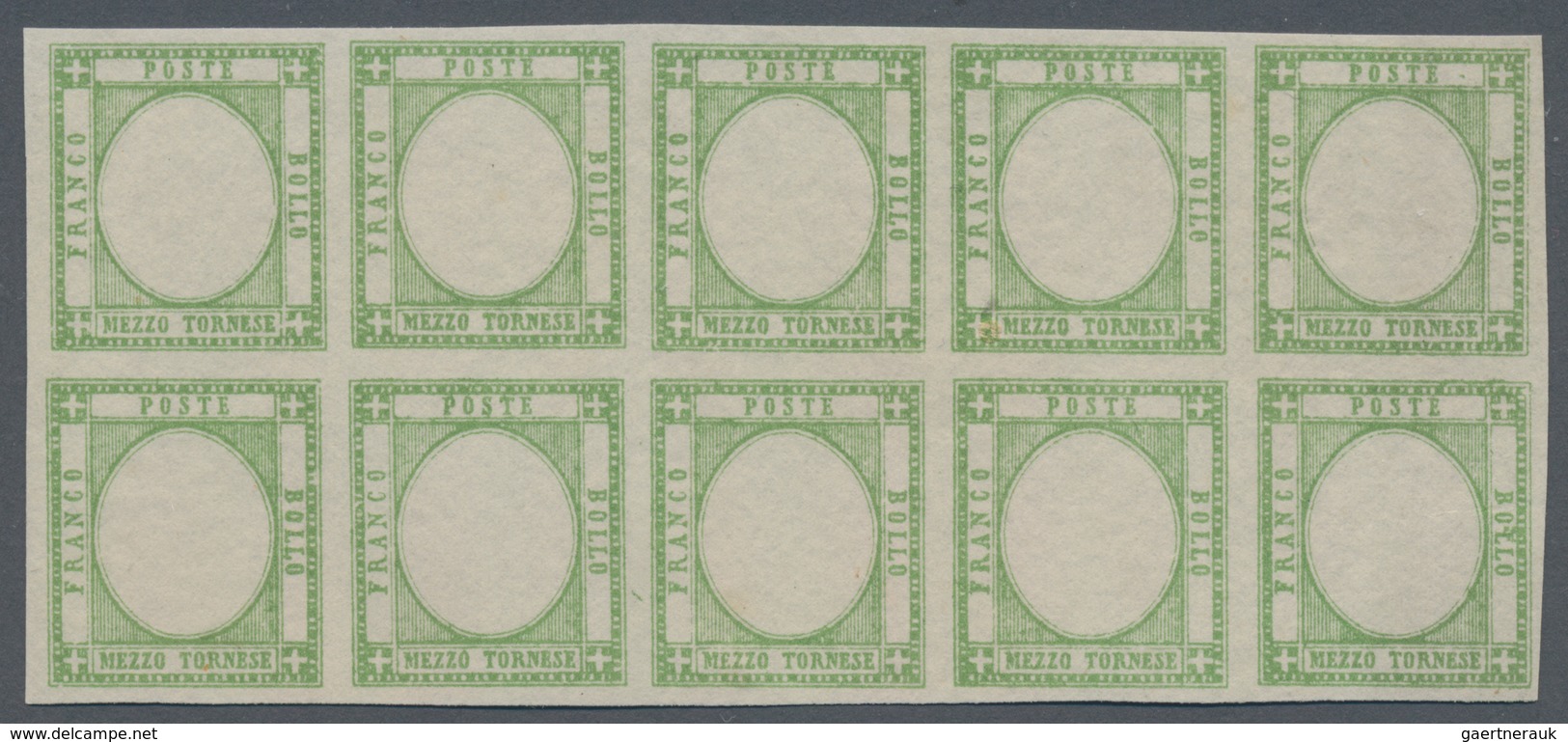 Italien: 1861, 1/2 Tornese Green In Block Of Ten Color Proof Without Embossing, As Described On Page - Mint/hinged