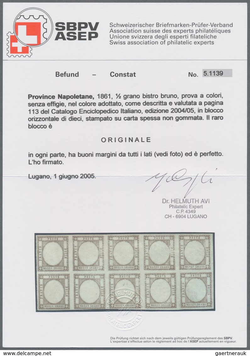 Italien: 1861, 1/2 Tornese Brown In Block Of Ten Color Proof Without Embossing, As Described On Page - Mint/hinged