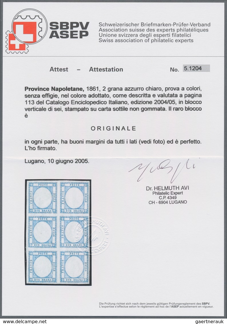 Italien: 1861, 2 Grano Blue In Block Of Six Color Proof Without Embossing As Described On Page 113 O - Mint/hinged