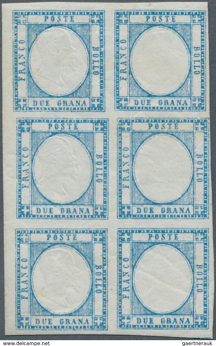 Italien: 1861, Neapolitan Province, 2gr. Blue, Block Of Six Showing Variety "all Three Stamps On The - Mint/hinged