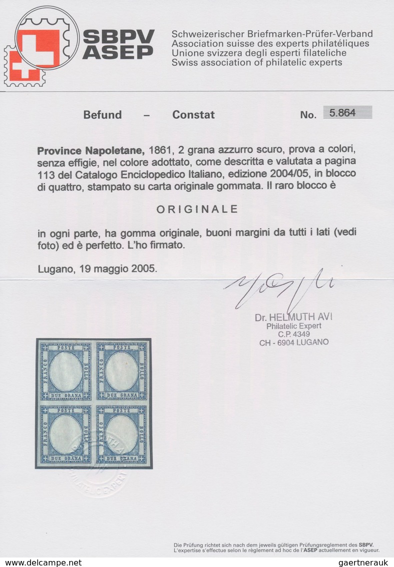 Italien: 1861, 2 Grana Blue Vertical Block Of 4 Color Proof Without Embossing As Described On Page 1 - Mint/hinged