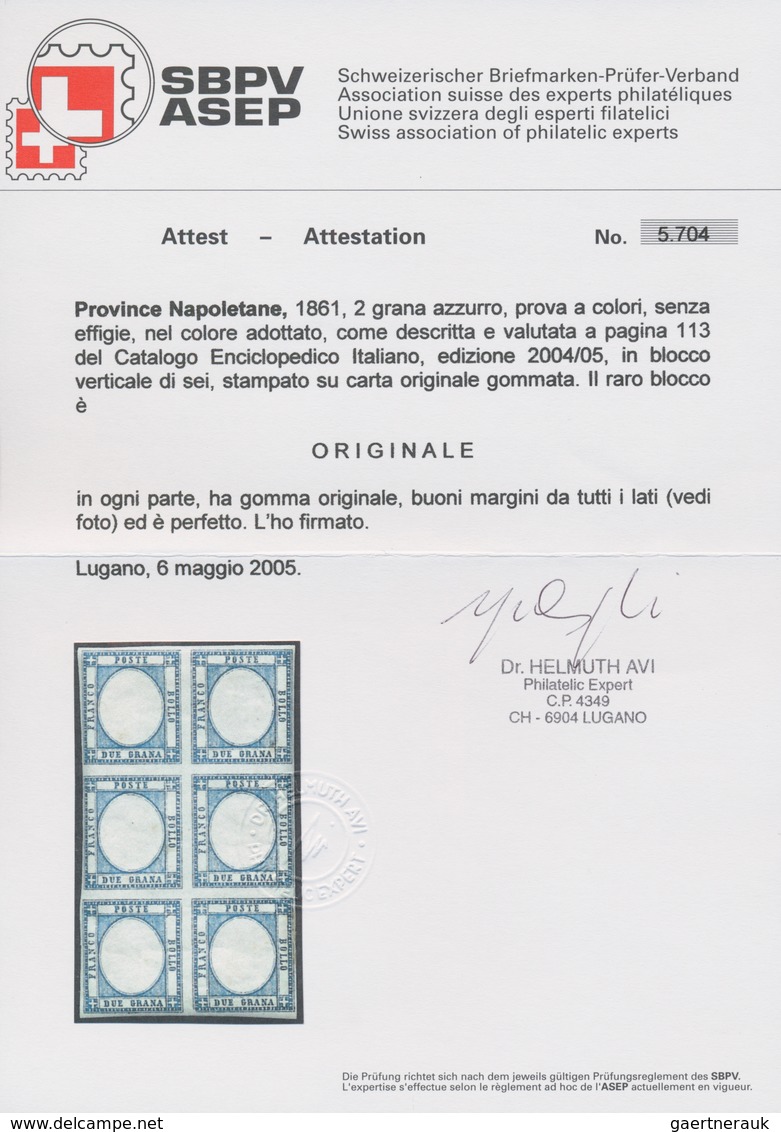 Italien: 1861, 2 Grana Blue Vertical Block Of Six Color Proof Without Embossing As Described On Page - Mint/hinged