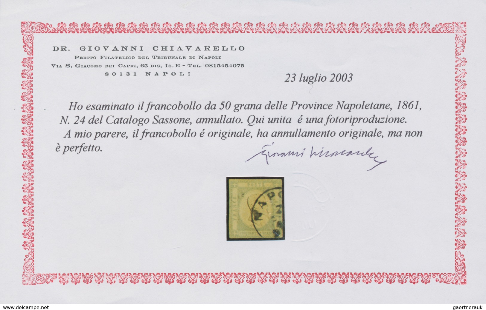 Italien: 1861, 50 Grana Gray Cancelled With Circle Stamp NAPOLI, Mostly Touched, Cert. Chiavarello, - Ungebraucht