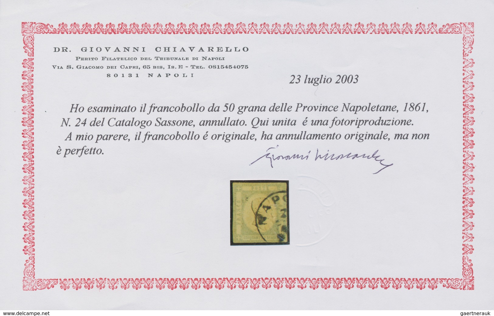 Italien: 1861, 50 Grana Gray Cancelled With Circle Stamp NAPOLI, Mostly Touched, Cert. Chiavarello, - Ongebruikt