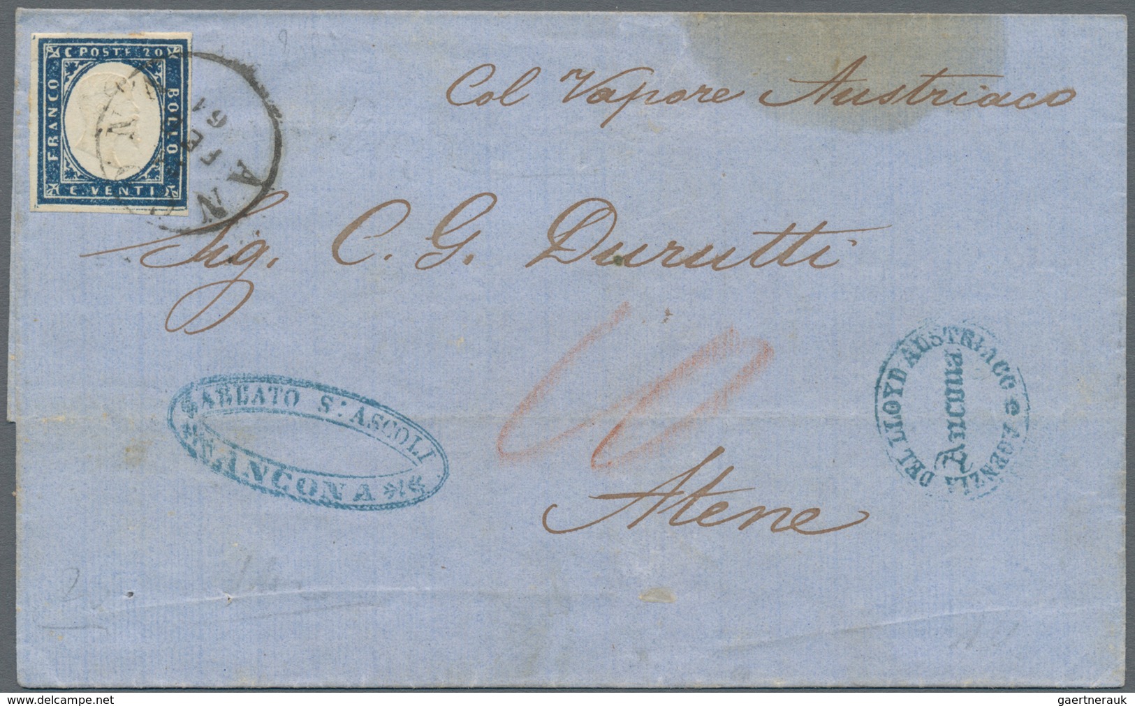 Italien: 1861, 20 C. Blue Imperf Single On Folded Envelope Tied By "ANCONA 10/FEB/61" Cds. And Blue - Mint/hinged