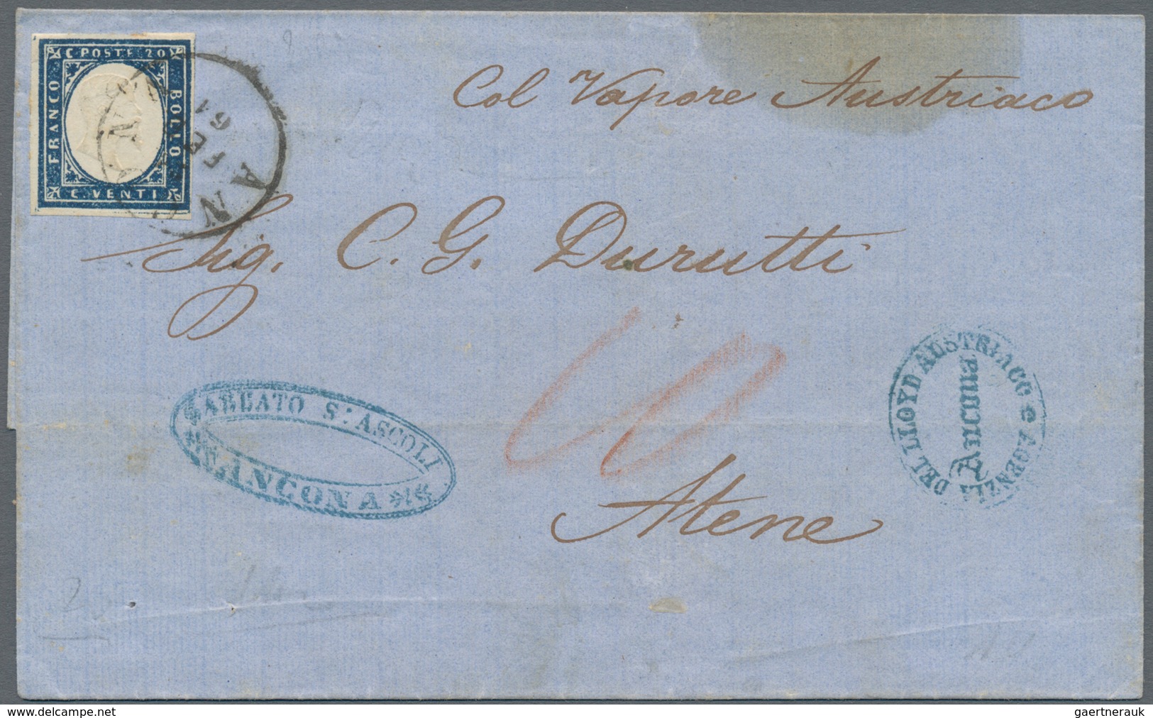 Italien: 1861, 20 C. Blue Imperf Single On Folded Envelope Tied By "ANCONA 10/FEB/61" Cds. And Blue - Ongebruikt