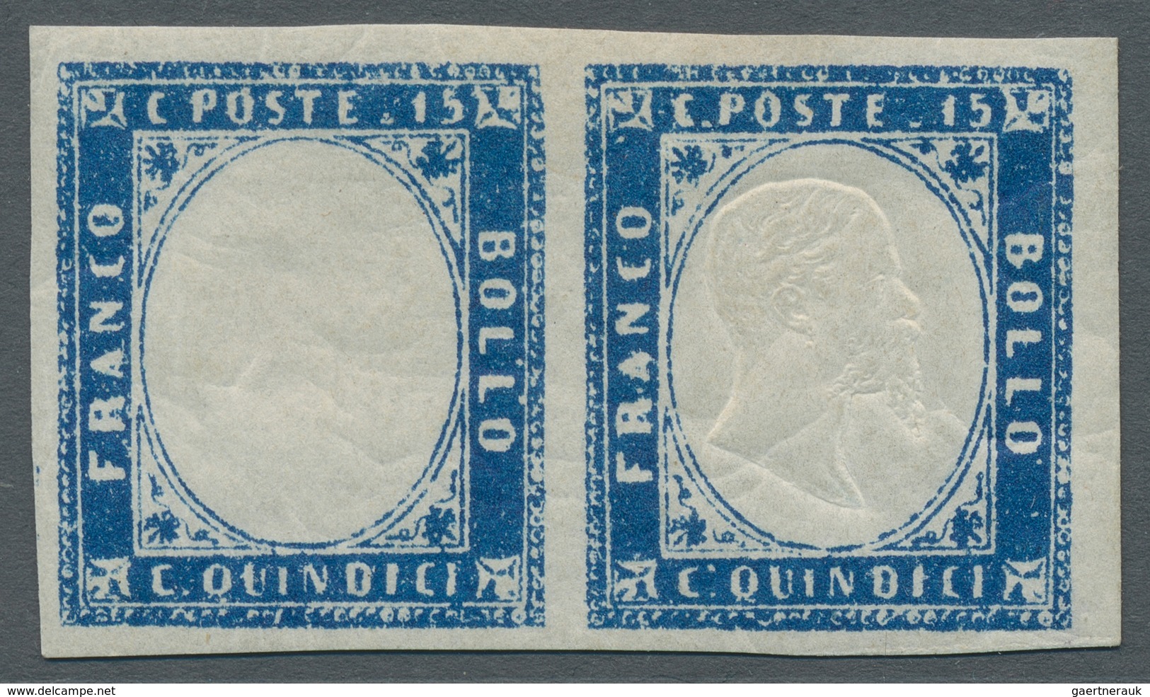 Italien: 1863, "15 C. Blue" Horizontal Pair With And Without Embossing, VF Mint With Full To Wide Ma - Mint/hinged