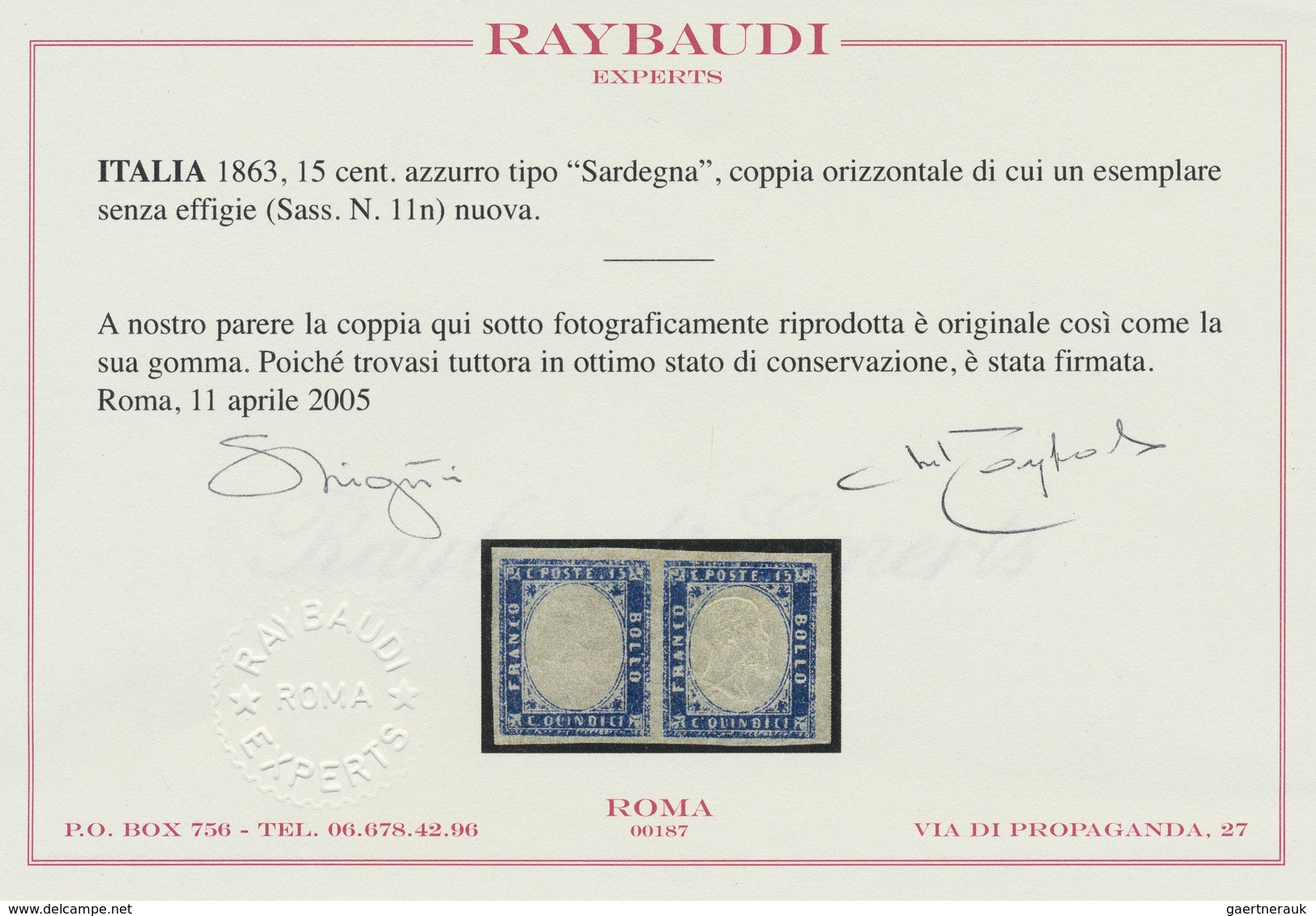 Italien: 1863, "15 C. Blue" Horizontal Pair With And Without Embossing, VF Mint With Full To Wide Ma - Mint/hinged