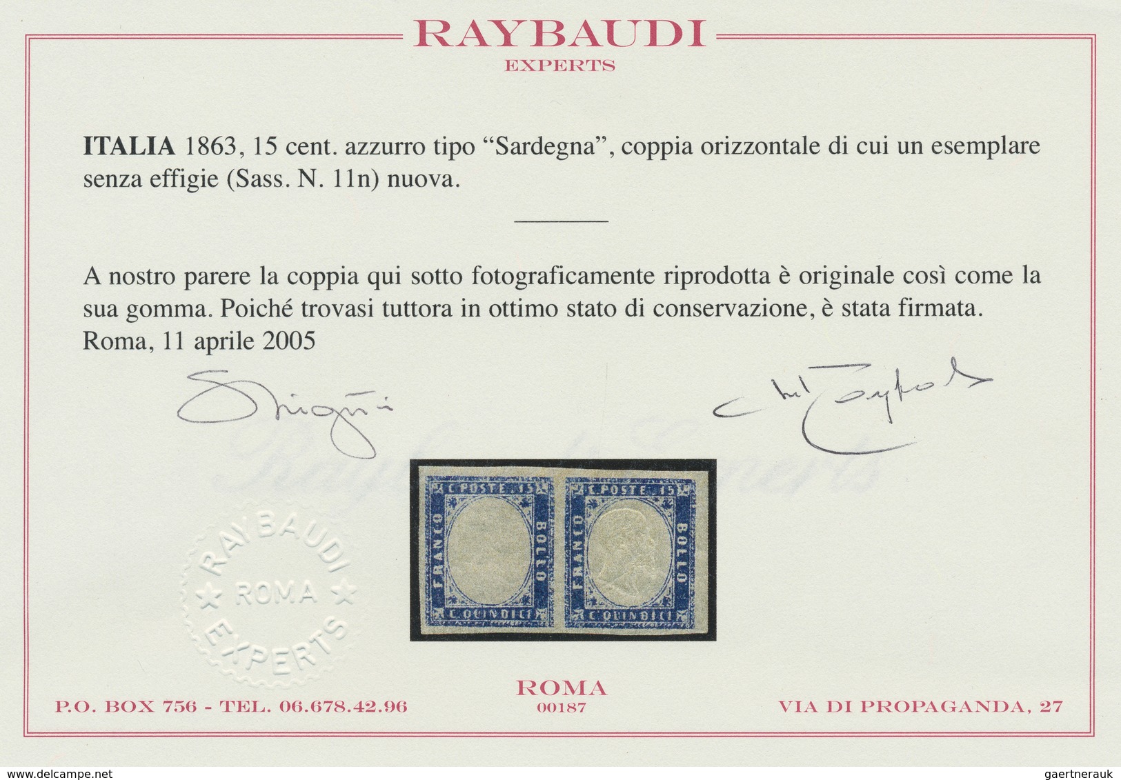 Italien: 1863, "15 C. Blue" Horizontal Pair With And Without Embossing, VF Mint With Full To Wide Ma - Ongebruikt