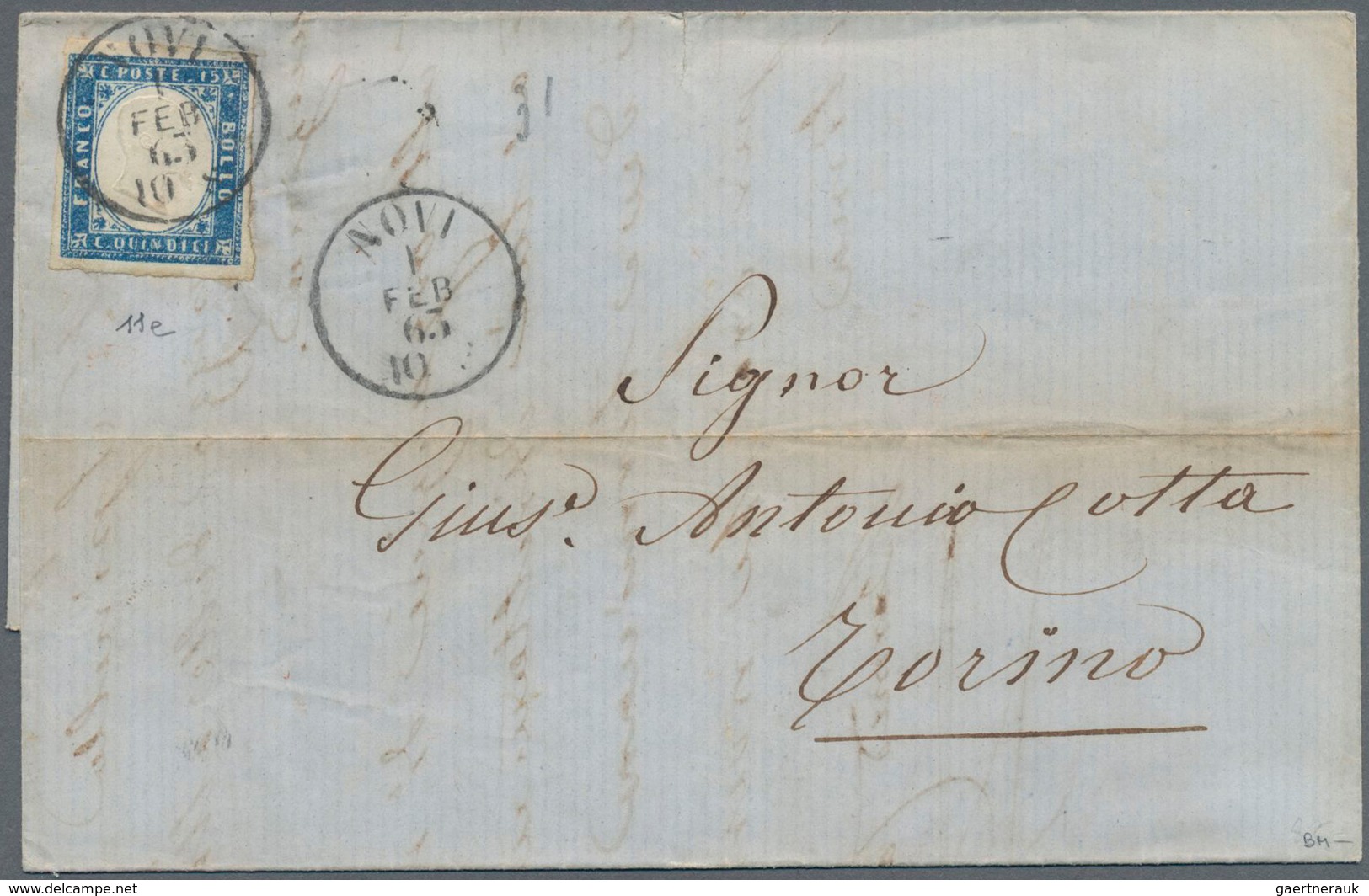 Italien: 1863, 15c Light Blue Grey Tied By Circle Cancel NOVI On Complete Folded Letter To Torino, W - Ungebraucht