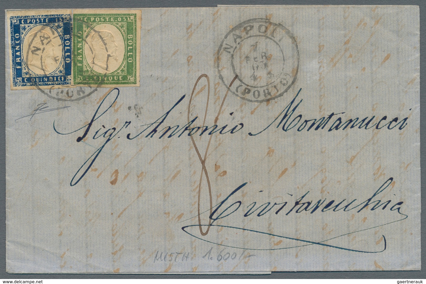 Italien: 1863, 14 C Blue ITALY Together With 5 C Green SARDINIA, Rare MIXED FRANKING, Tied By Double - Mint/hinged