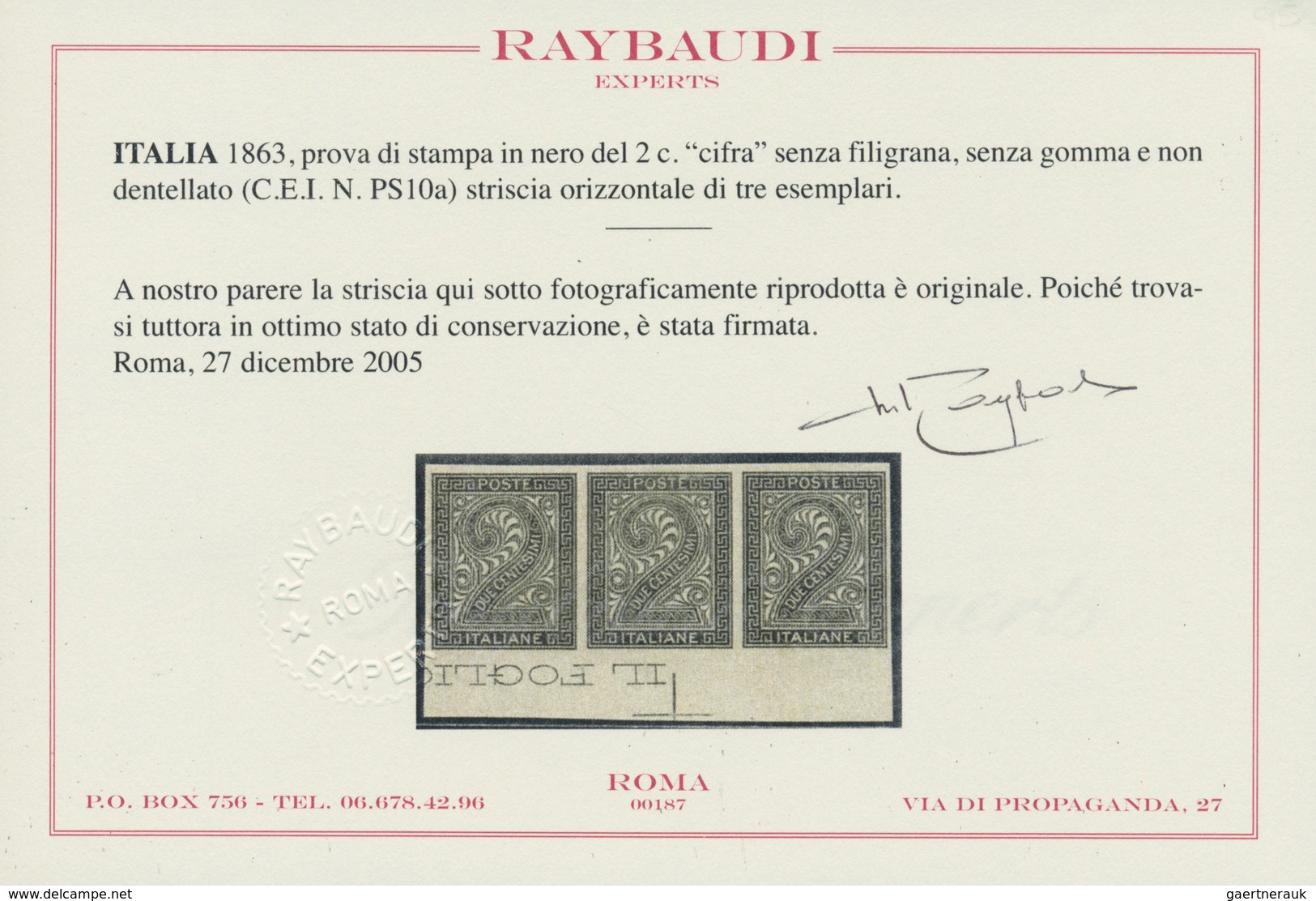 Italien: 1863, Proof In Black Of The 2 Cents "digit" Without Watermark, Without Gum And Not Perforat - Mint/hinged