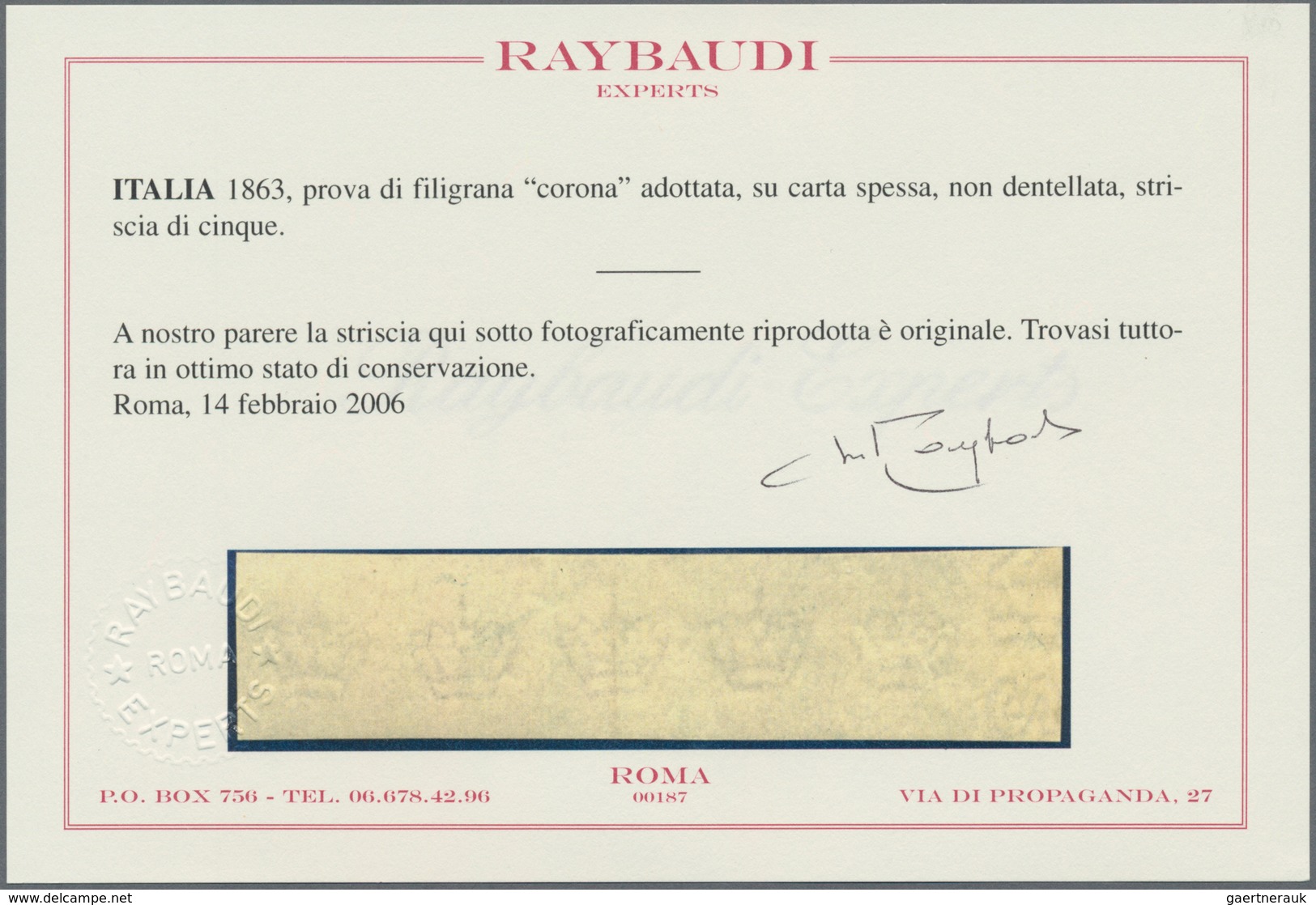 Italien: 1863. Proof Of The Adopted Watermark "Crown", Horizontal Strip Of Five, Imperforated. From - Mint/hinged
