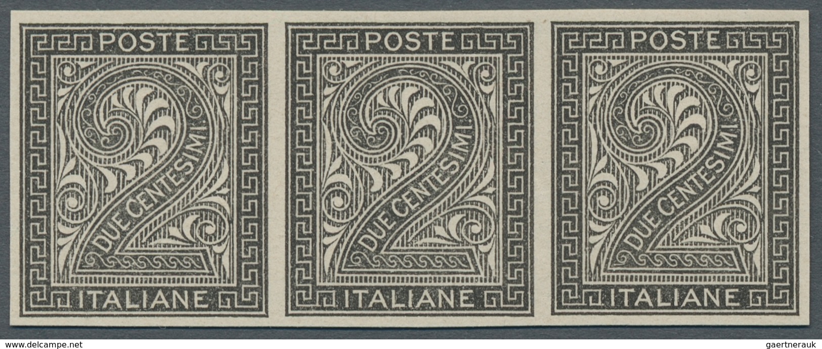Italien: 1863, "2 C. Numeral Black Proof", Imperforared Horizontal Strip Of Three, As Manufactured W - Mint/hinged