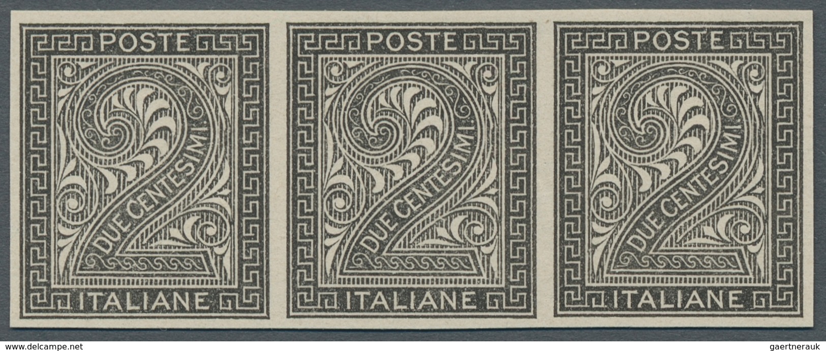 Italien: 1863, "2 C. Numeral Black Proof", Imperforared Horizontal Strip Of Three, As Manufactured W - Ongebruikt