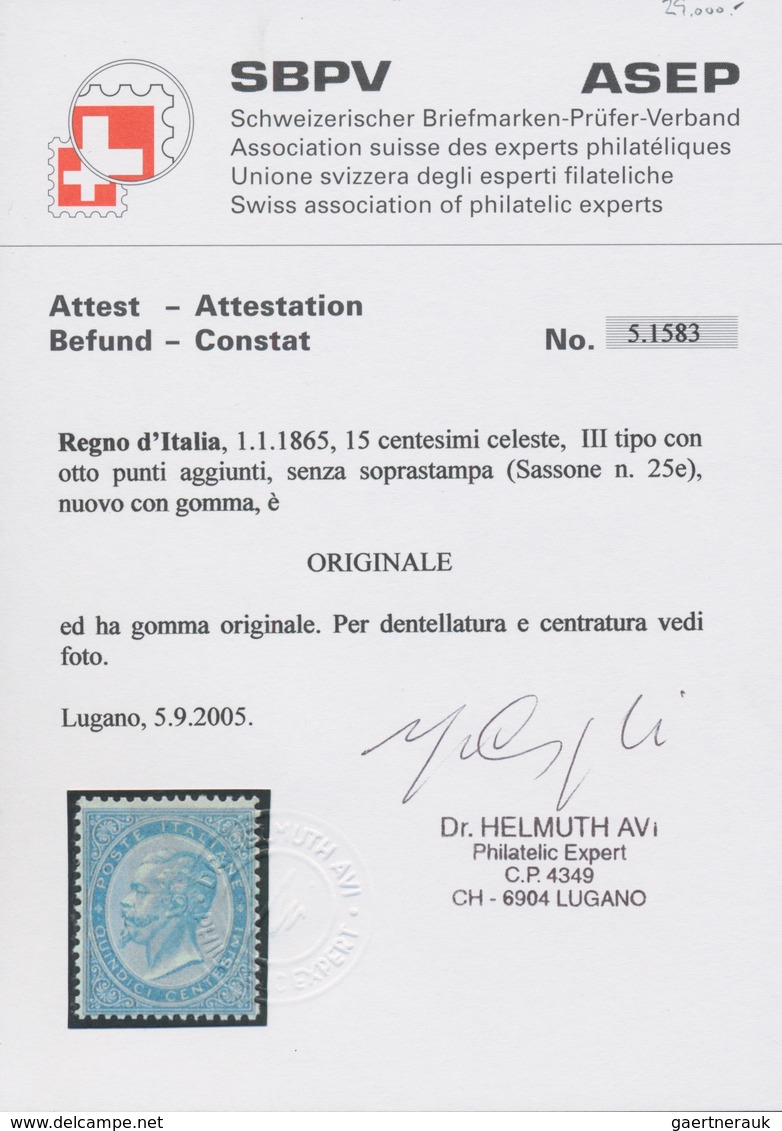 Italien: 1865, 15 Cent. Light Blue Color, Type III With Eight Additional Points, Without Overprintin - Mint/hinged