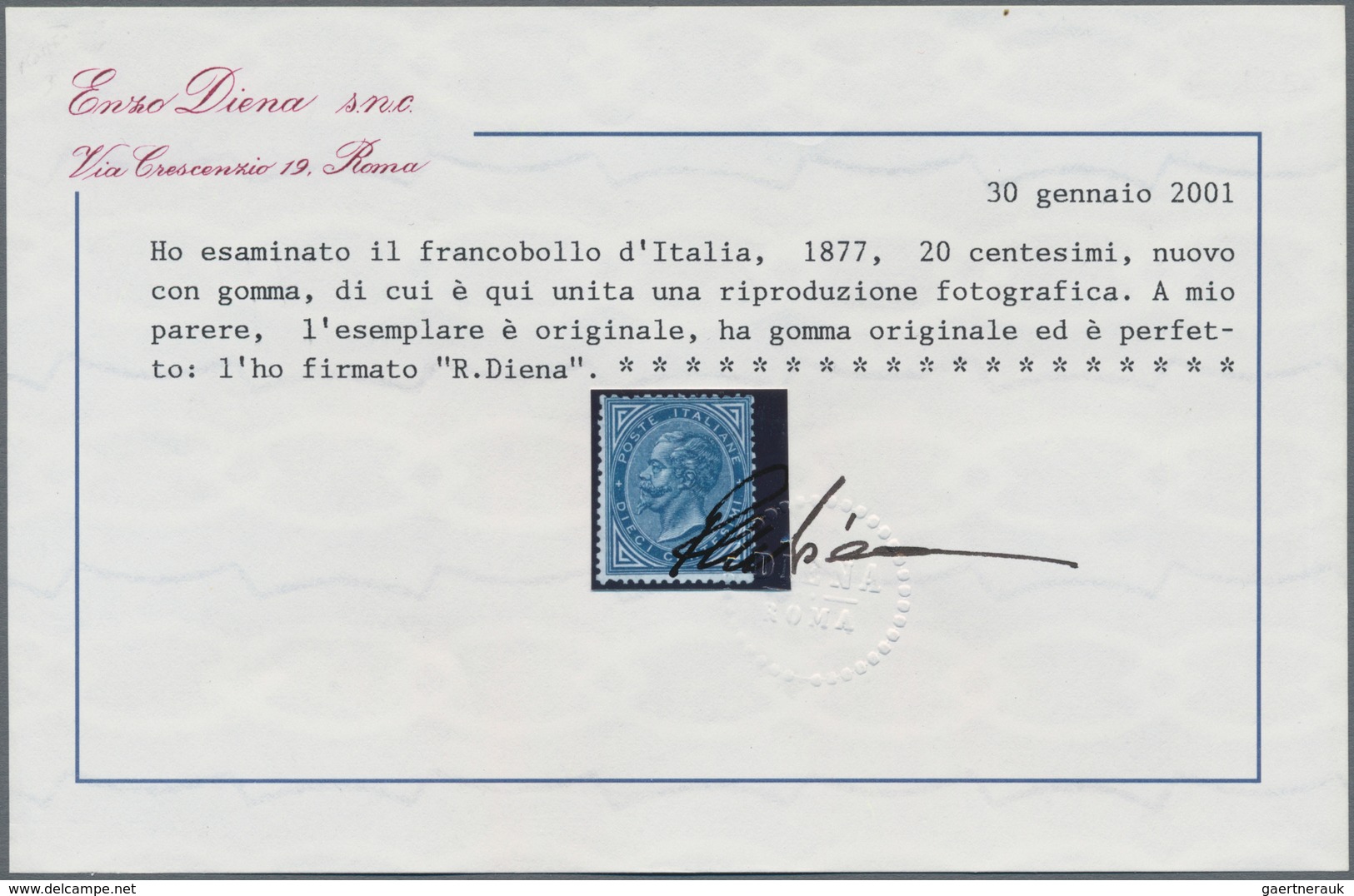 Italien: 1877, KÖNIG VIKTOR EMANUEL II, 10 C. Blue, Mint Hinged, Certificate E. Diena 2001, Fine And - Mint/hinged