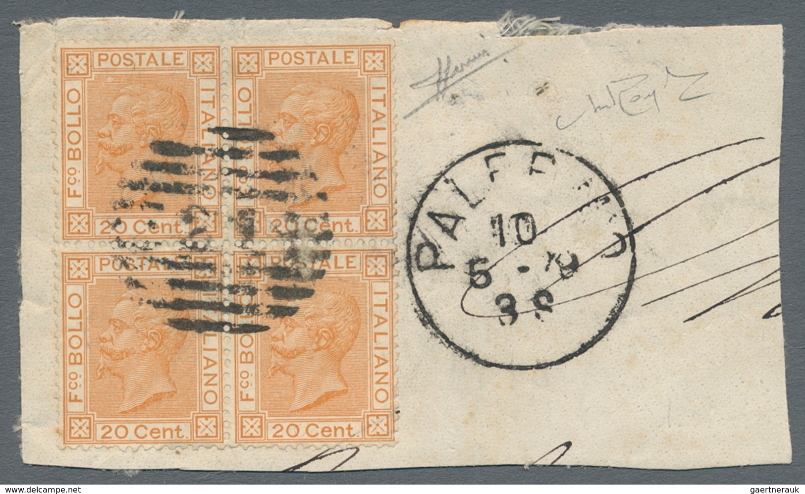 Italien: 1877, 20 C Orange, RARE Block Of Four On Large Fragment, Beautiful Cancelled By Barred Nume - Mint/hinged