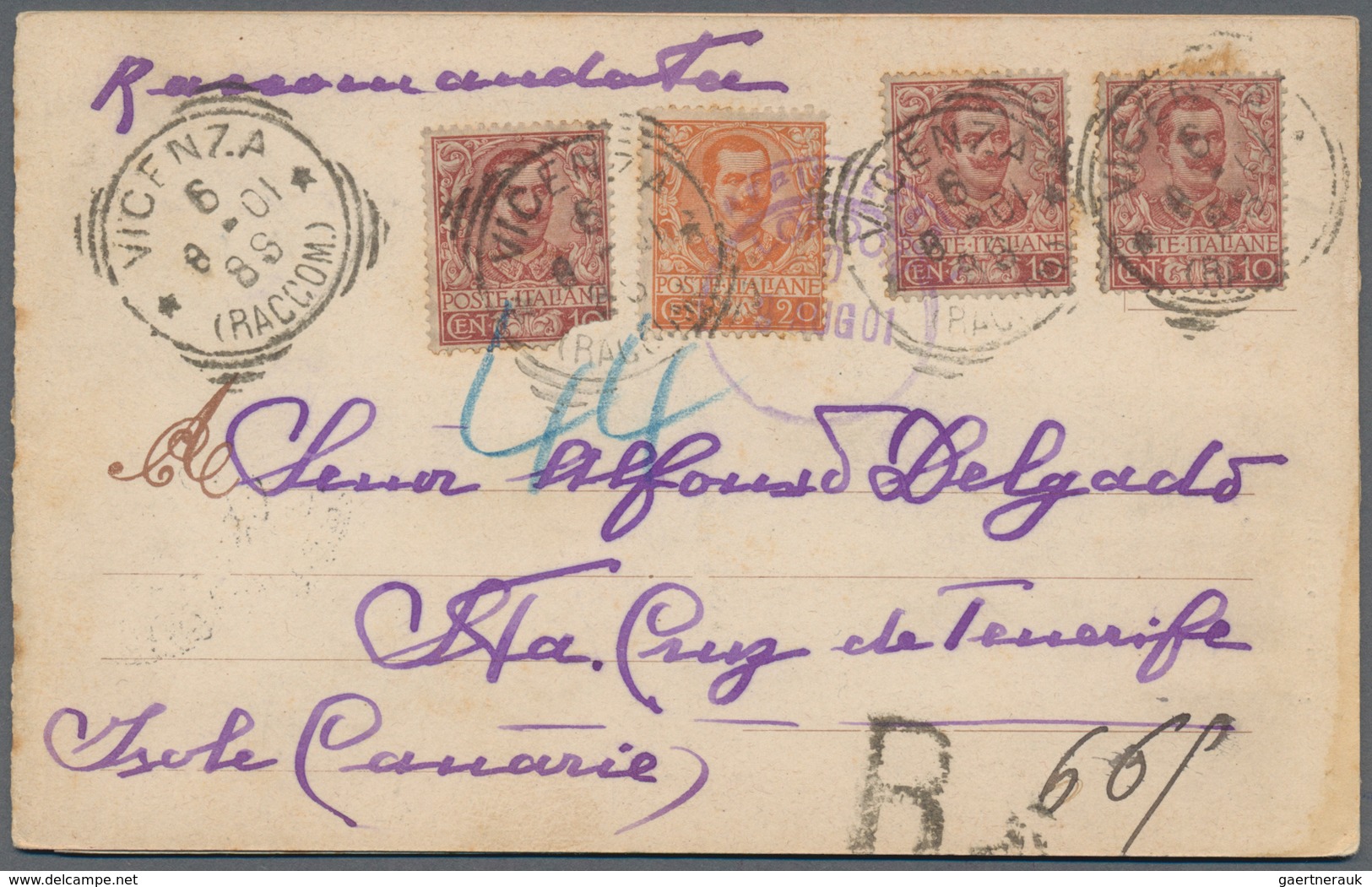 Italien: 1901, 3 Part Panorama Ppc Sent Registered From "VICENZA 6.8.01" Via London To Santa Cruz De - Mint/hinged