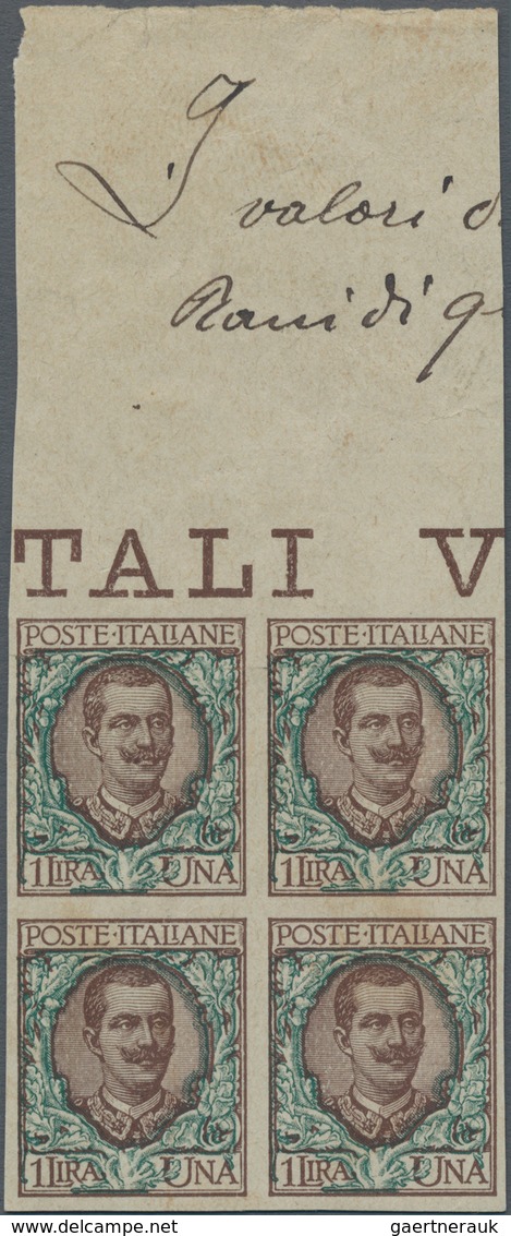 Italien: 1901. 1 L Brown And Green, IMPERFORATED Archivial PROOF On Thicker, Ungummed Paper, Block O - Mint/hinged