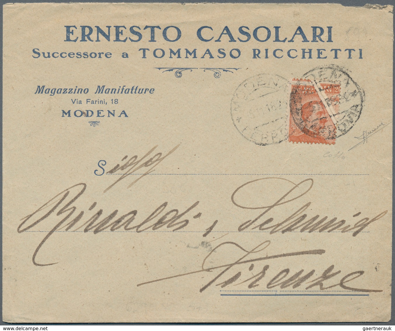 Italien: 1918. 20 C Orange Michetti With Extraordinary Natural Fold On Letter From Modena To Florenc - Mint/hinged