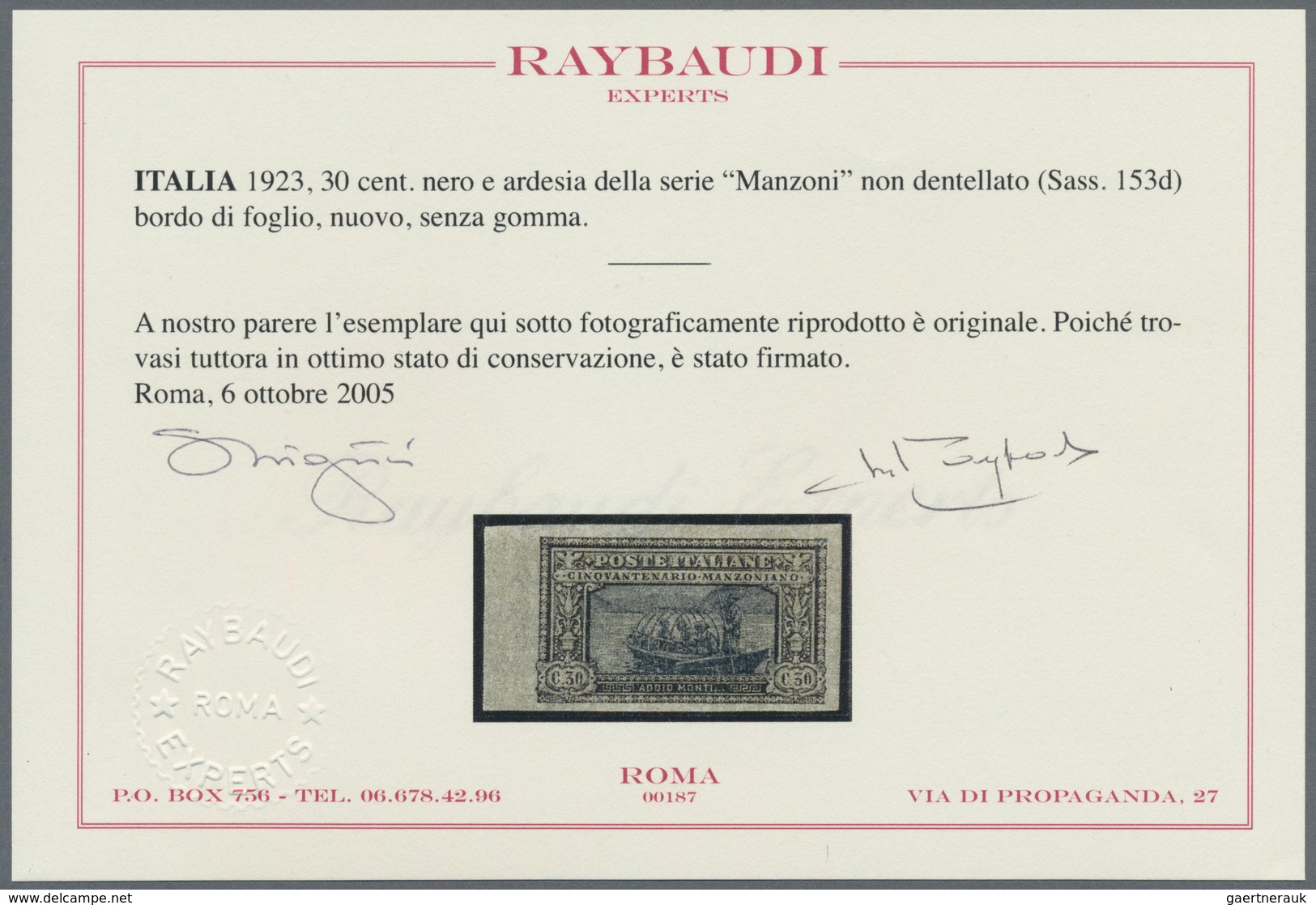 Italien: 1923, 30 Cent. Black/slate Imperforated Unused Without Gum, Cert. Raybaudi (Sass. (3.800.-) - Mint/hinged