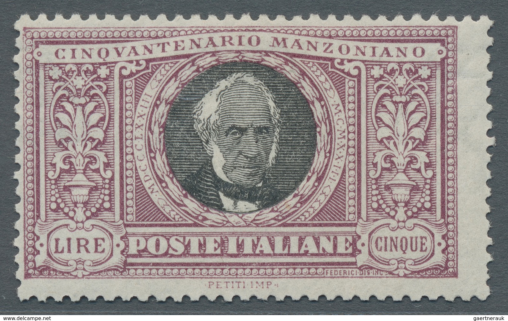 Italien: 1923, "5 L. Manzoni", The Top Value MNH With Excellent Perforation, Perfect Condition, In F - Mint/hinged