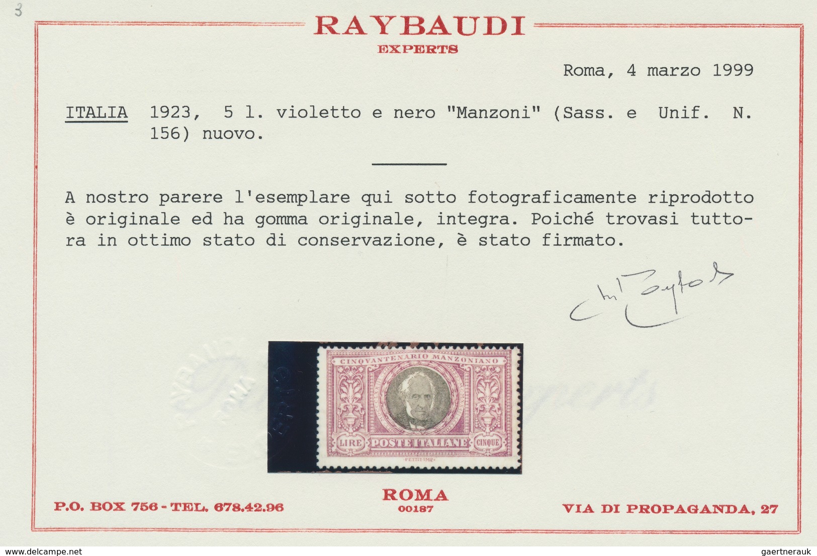 Italien: 1923, "5 L. Manzoni", The Top Value MNH With Excellent Perforation, Perfect Condition, In F - Mint/hinged