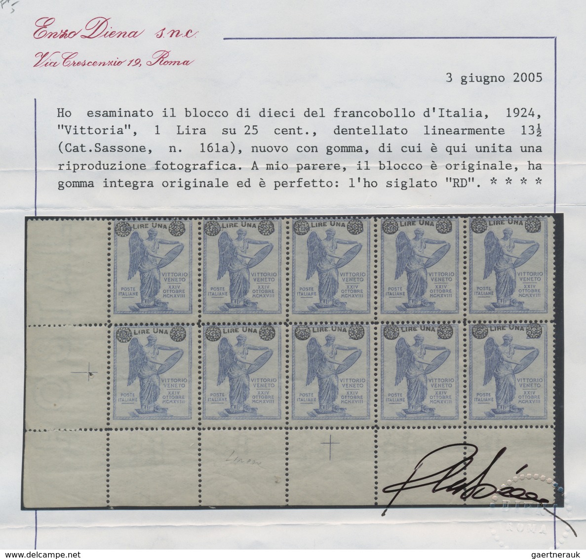 Italien: 1924, "1 L. On 25 C. Ultramarine With Line Perforation 13 ½", MNH Block Of 10 In Fresh Colo - Mint/hinged